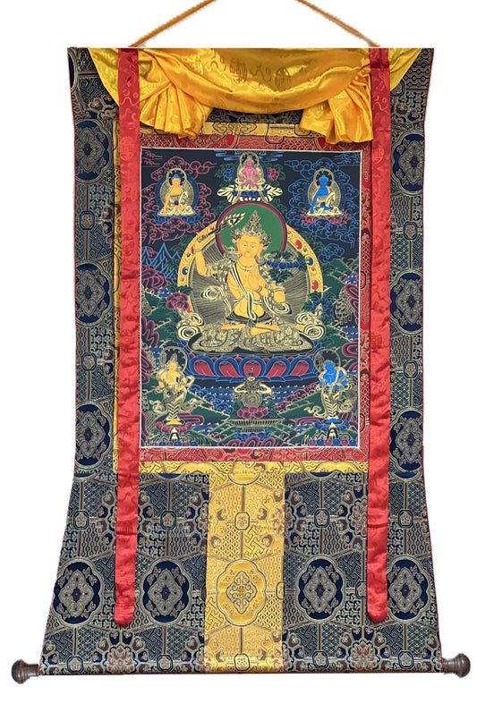 Hand-Painted Manjushri Thangka: Tibetan God of Wisdom, Silk Brocade