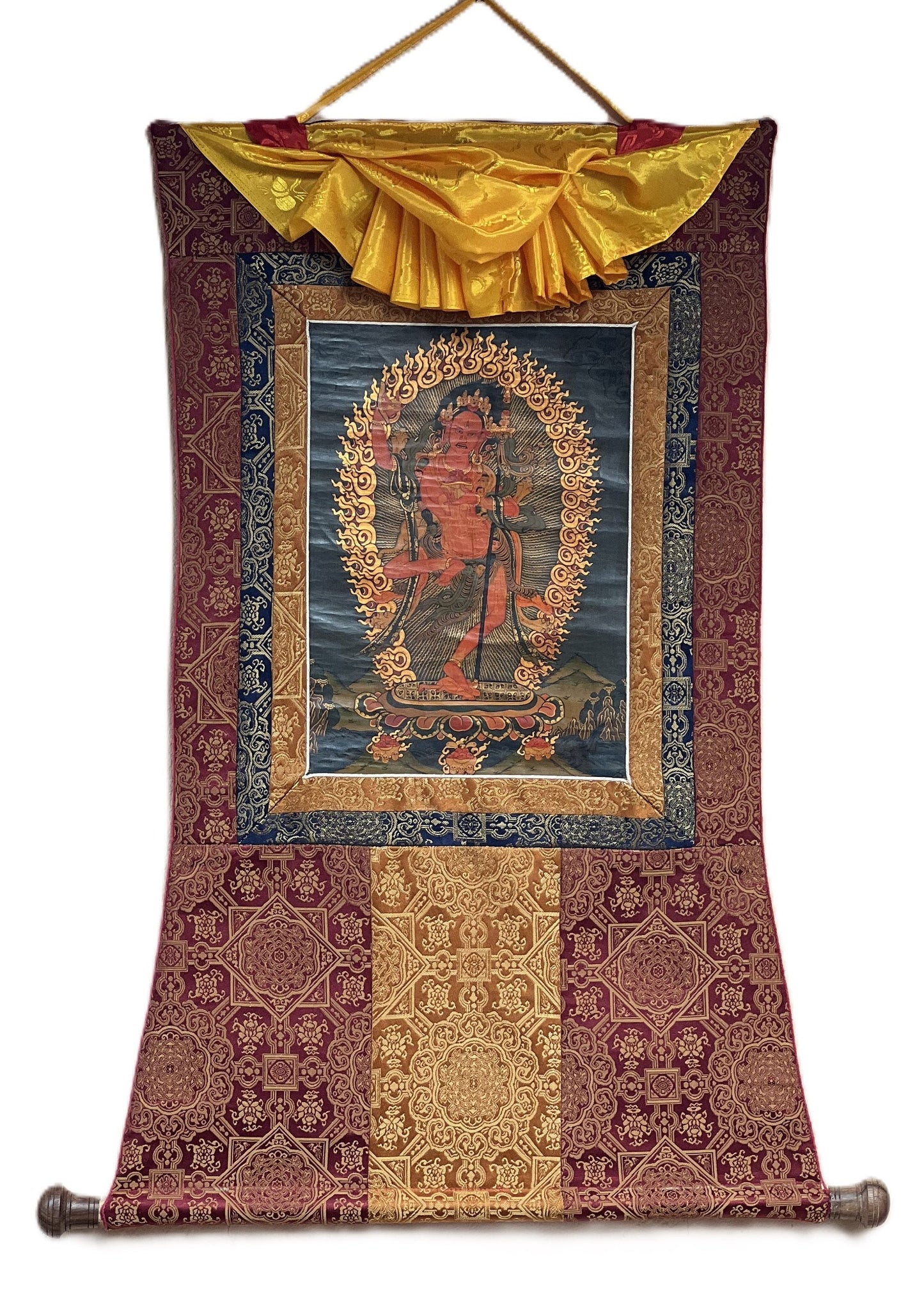 Hand Painted Vajravarahi Thangka with Silk Brocade, Tibetan Female Buddha Art