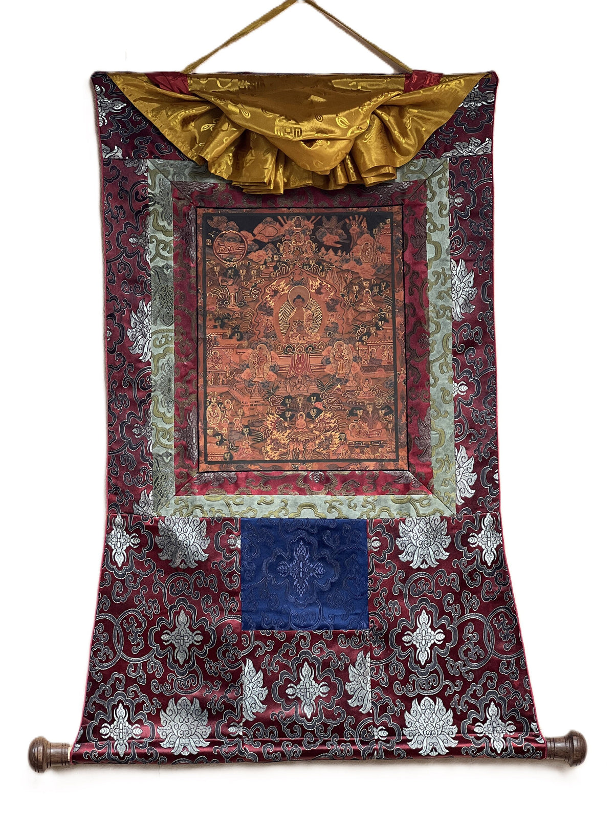 Buddha Life Mandala Thangka Painting with Silk Brocade
