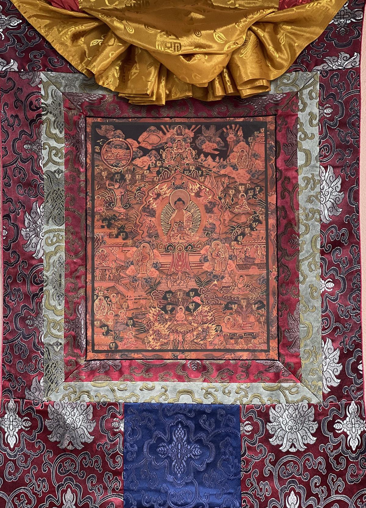 Buddha Life Mandala Thangka Painting with Silk Brocade