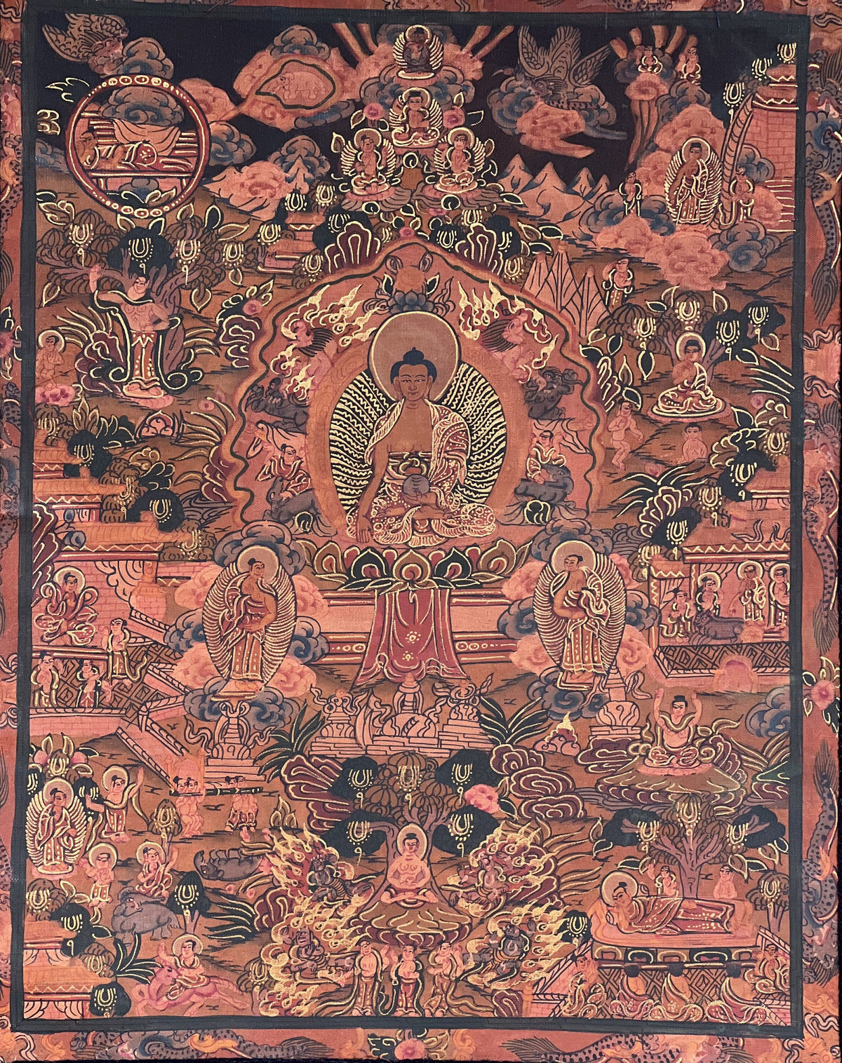 Buddha Life Mandala Thangka Painting with Silk Brocade