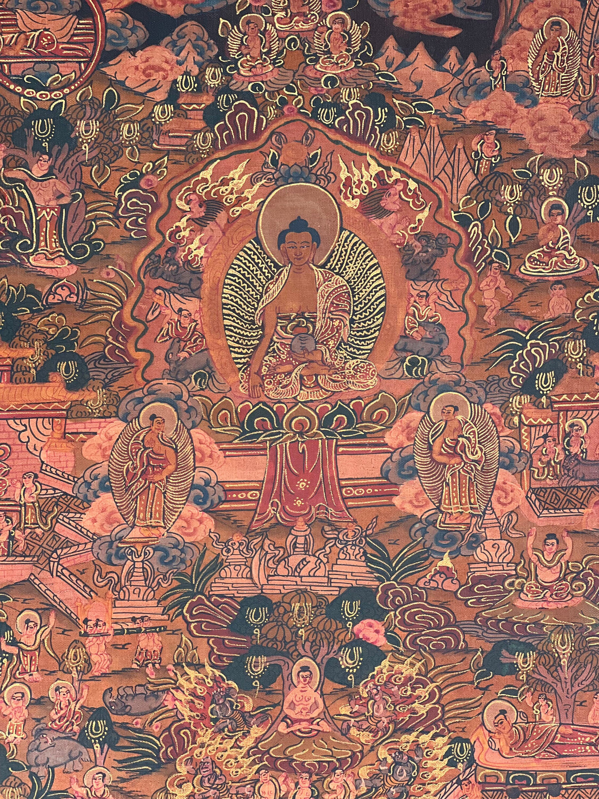 Buddha Life Mandala Thangka Painting with Silk Brocade