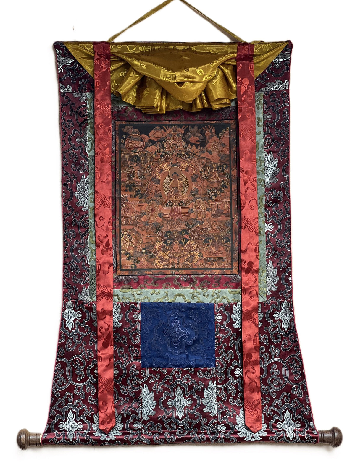 Buddha Life Mandala Thangka Painting with Silk Brocade