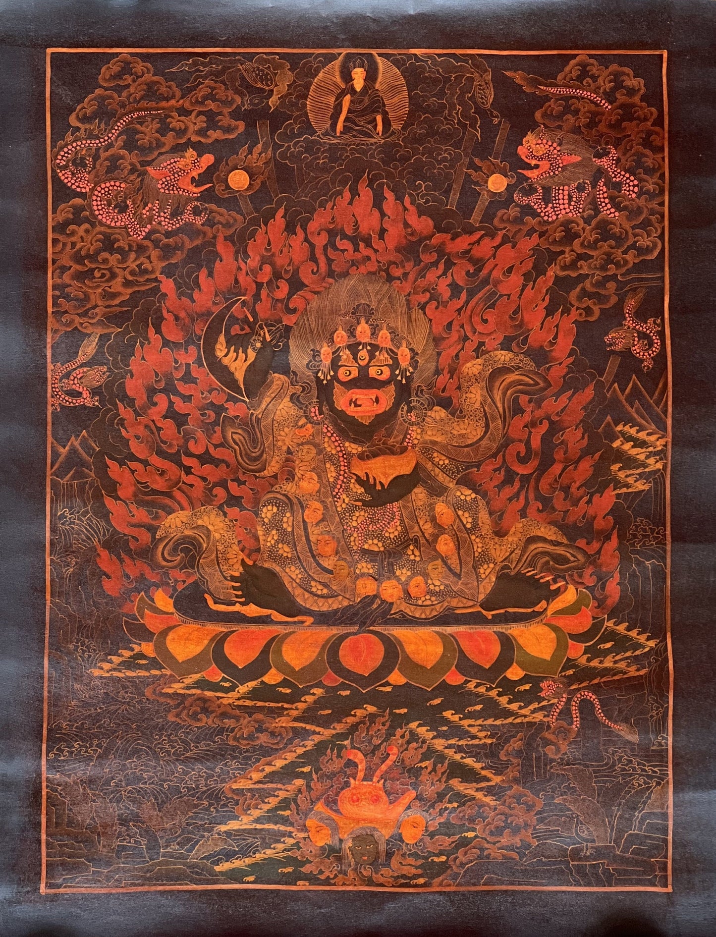 Hand-Painted Black Mahakala Thangka, Tibetan Meditation Art