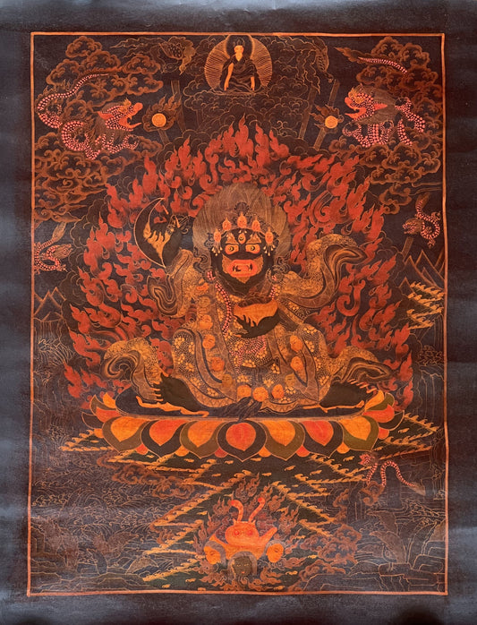 Hand-Painted Black Mahakala Thangka, Tibetan Meditation Art