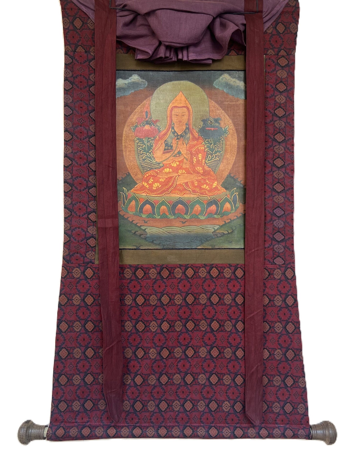 Original Hand-Painted Tsongkhapa/ Chongapa/ Oil-Varnished  Old Tibetan Thangka Painting With  Cotton Brocade
