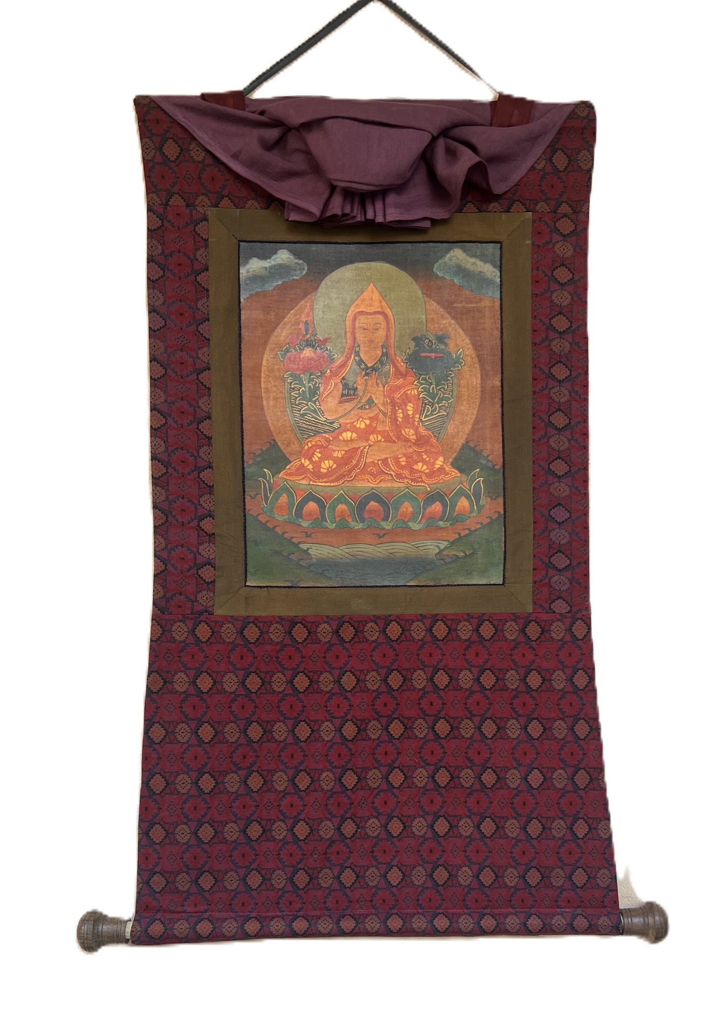 Original Hand-Painted Tsongkhapa/ Chongapa/ Oil-Varnished  Old Tibetan Thangka Painting With  Cotton Brocade