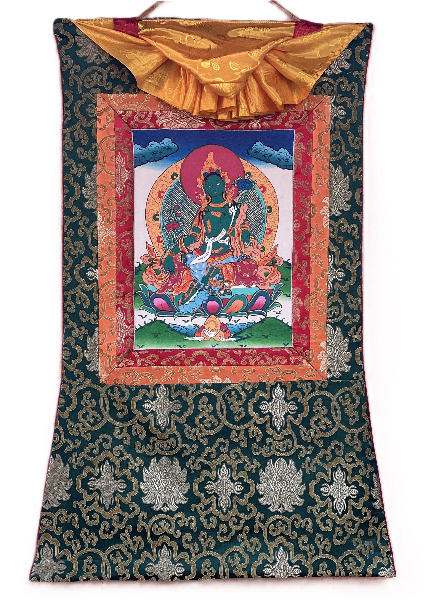 Hand-Painted Green Tara Thangka with Silk Brocade