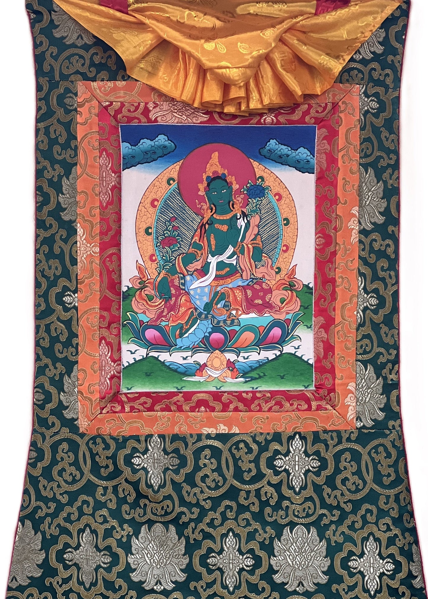 Hand-Painted Green Tara Thangka with Silk Brocade