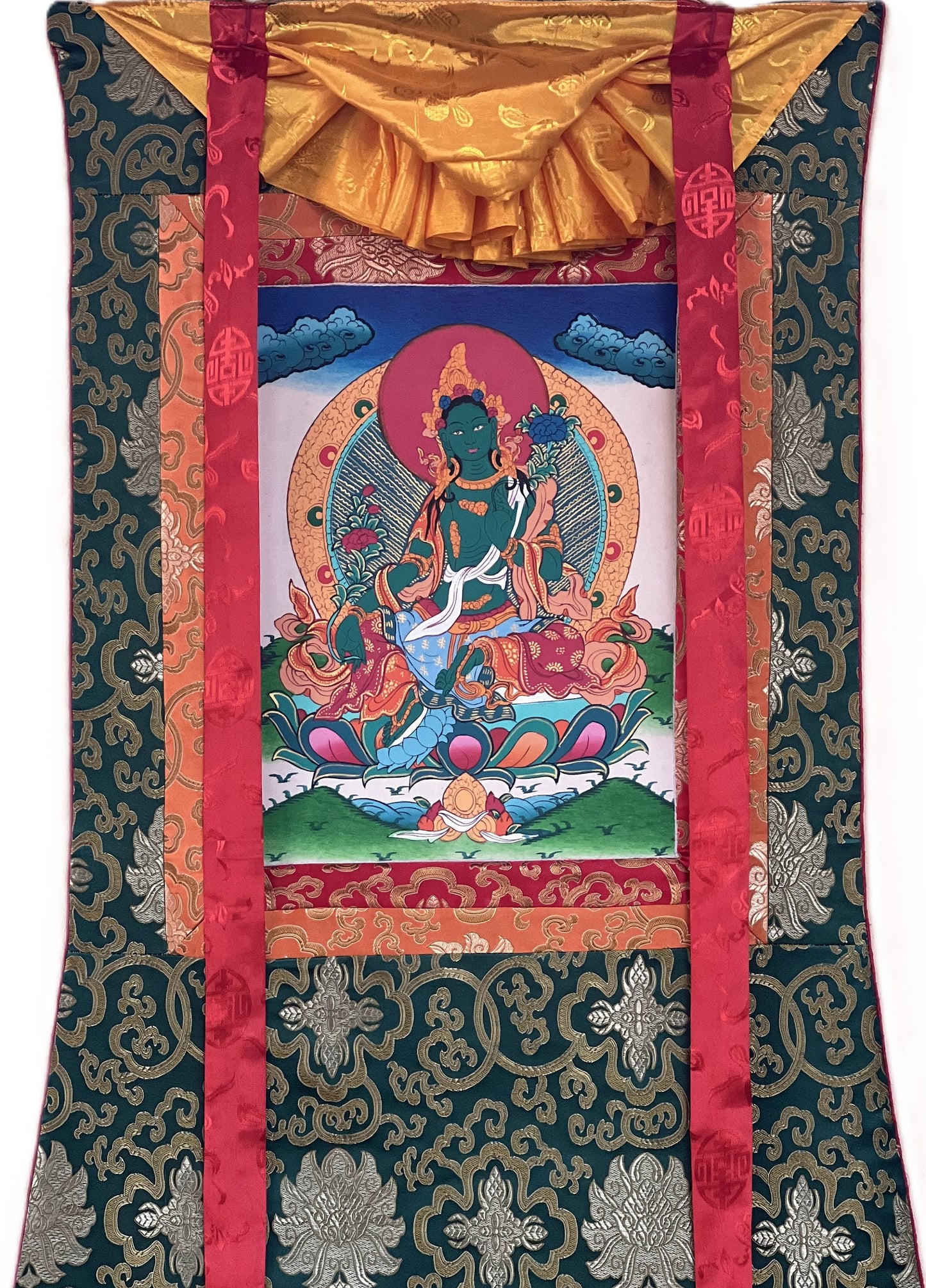 Hand-Painted Green Tara Thangka with Silk Brocade
