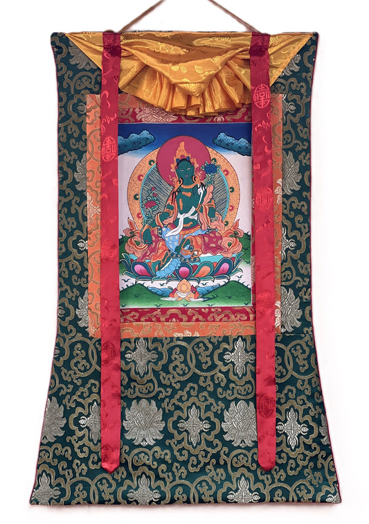 Hand-Painted Green Tara Thangka with Silk Brocade