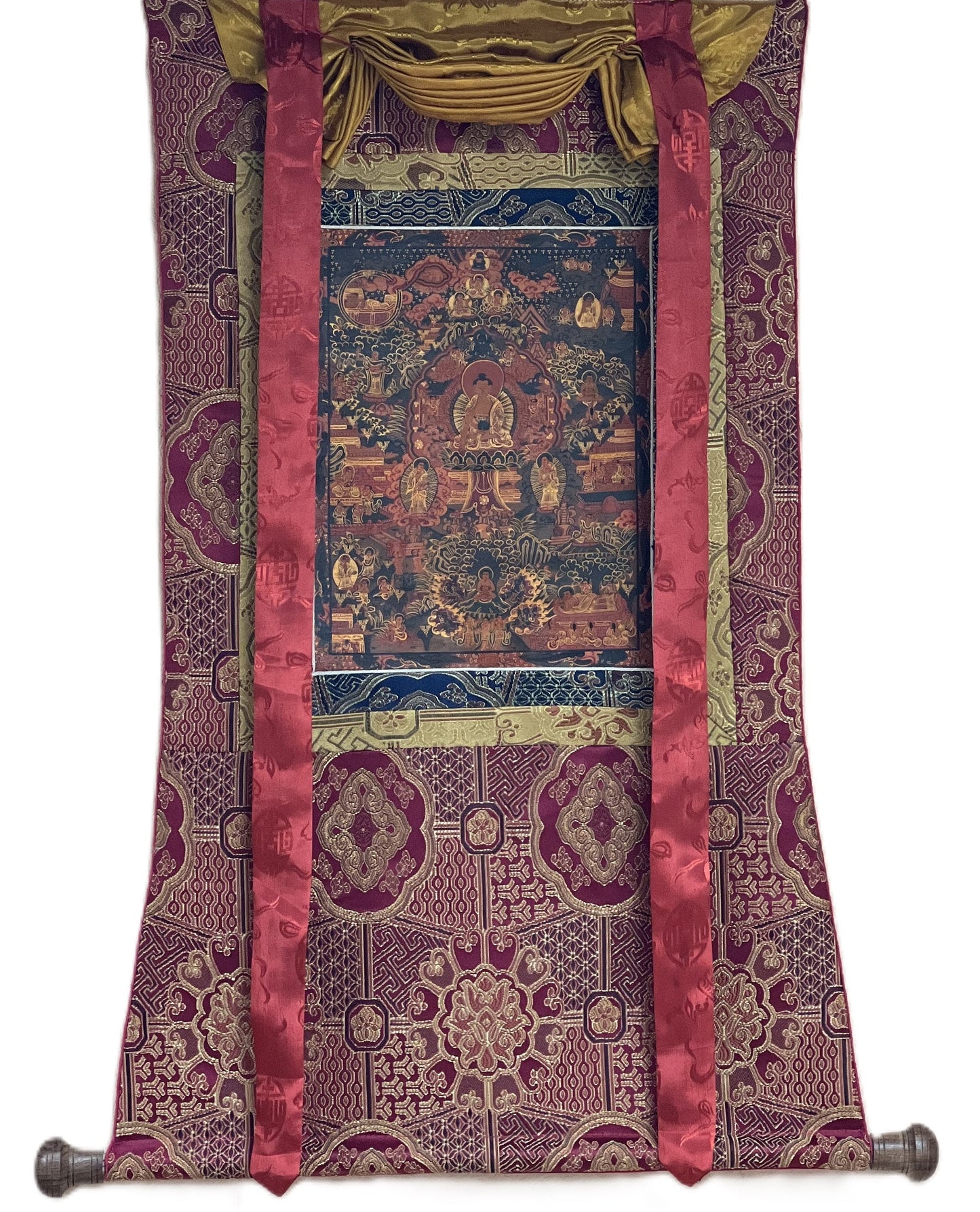 Hand Painted Buddha Life Mandala Oil Varnished Thangka, Silk Brocade