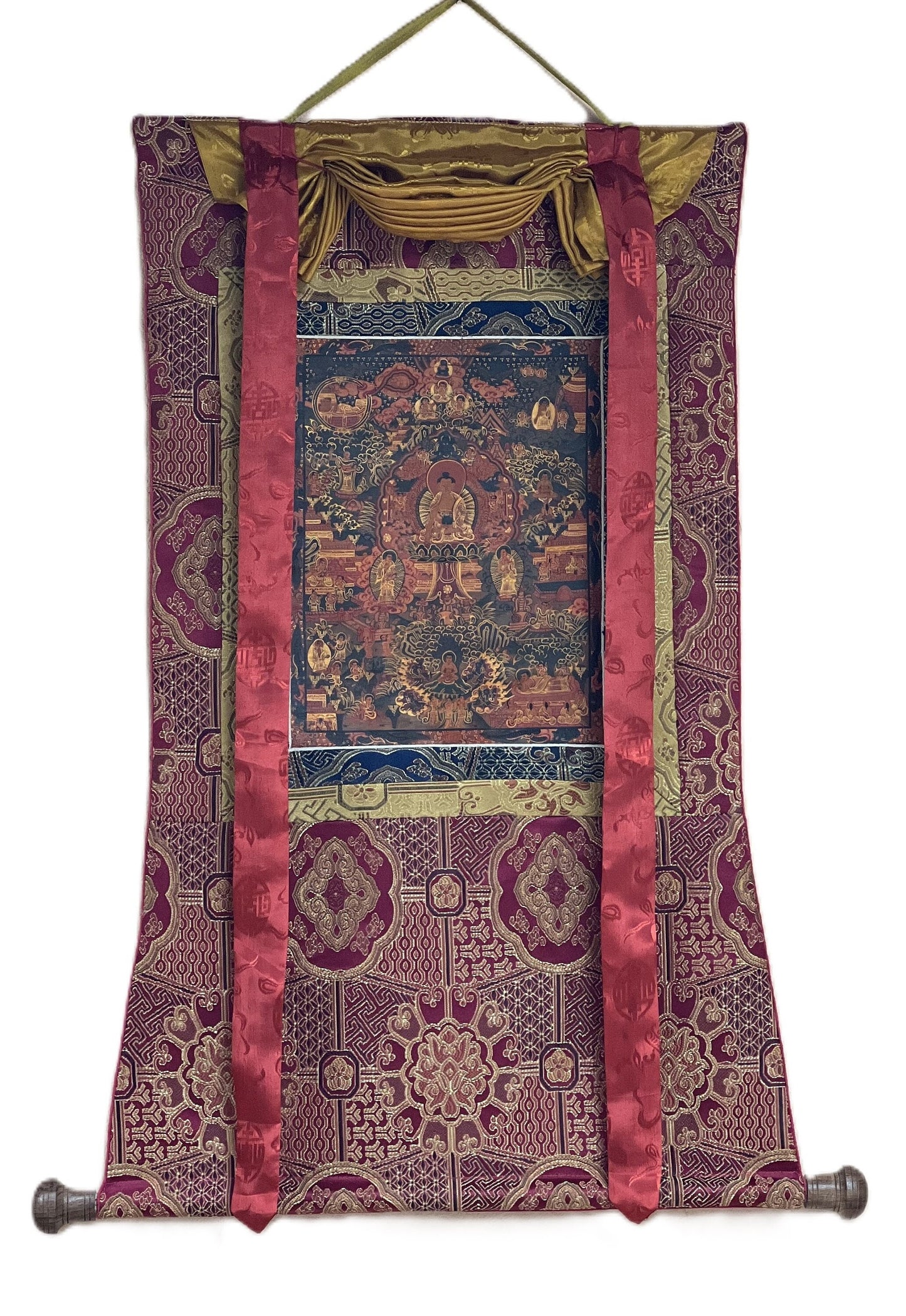 Hand Painted Buddha Life Mandala Oil Varnished Thangka, Silk Brocade