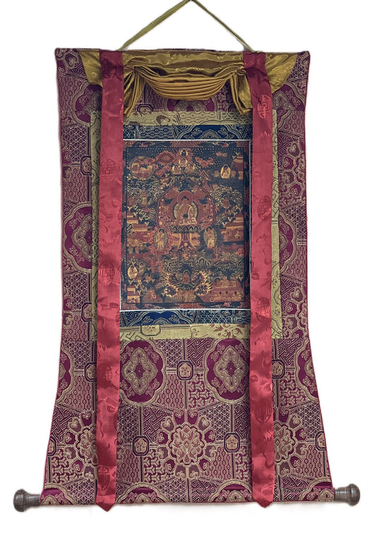 Hand Painted Buddha Life Mandala Oil Varnished Thangka, Silk Brocade