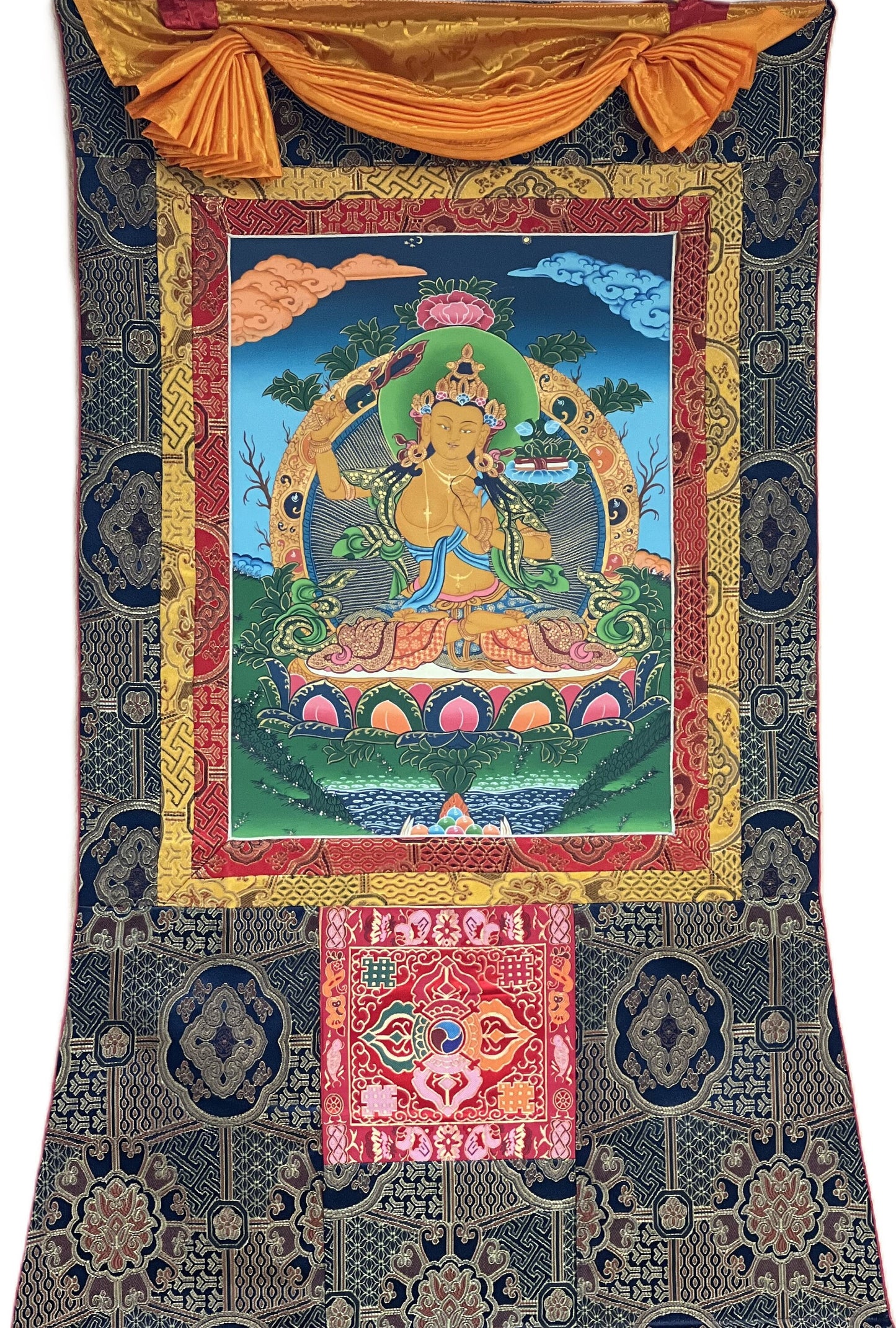 Hand-Painted Manjushri Thangka: God of Wisdom, Silk Brocade Framed