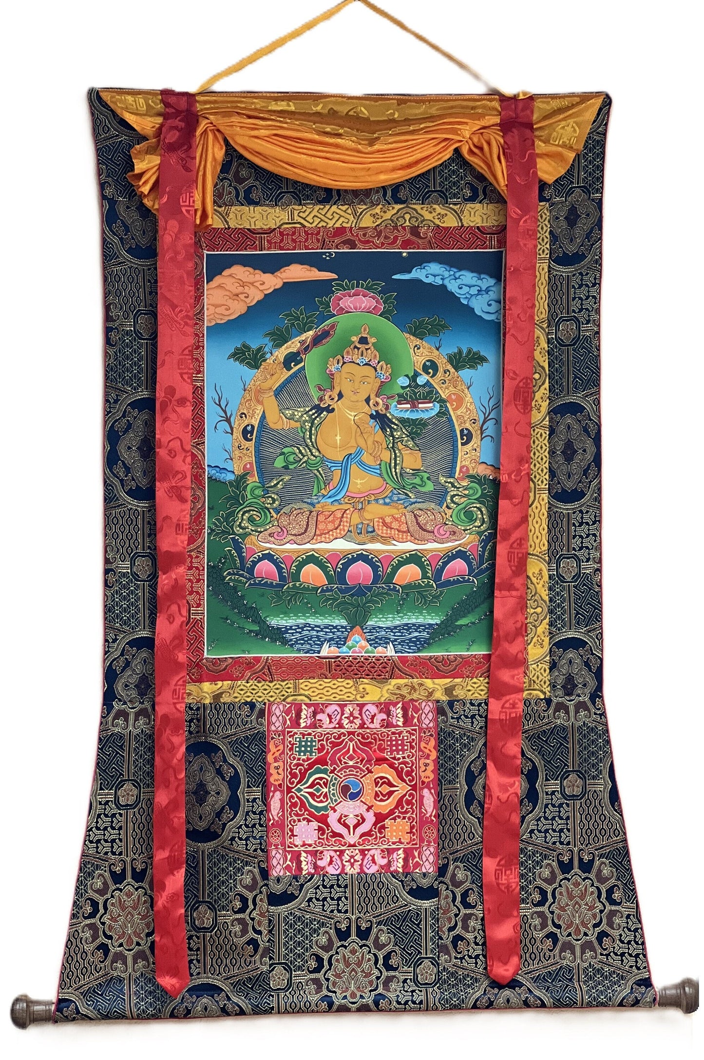 Hand-Painted Manjushri Thangka: God of Wisdom, Silk Brocade Framed