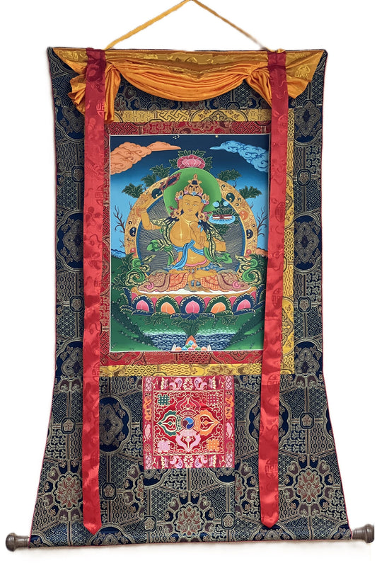 Hand-Painted Manjushri Thangka: God of Wisdom, Silk Brocade Framed