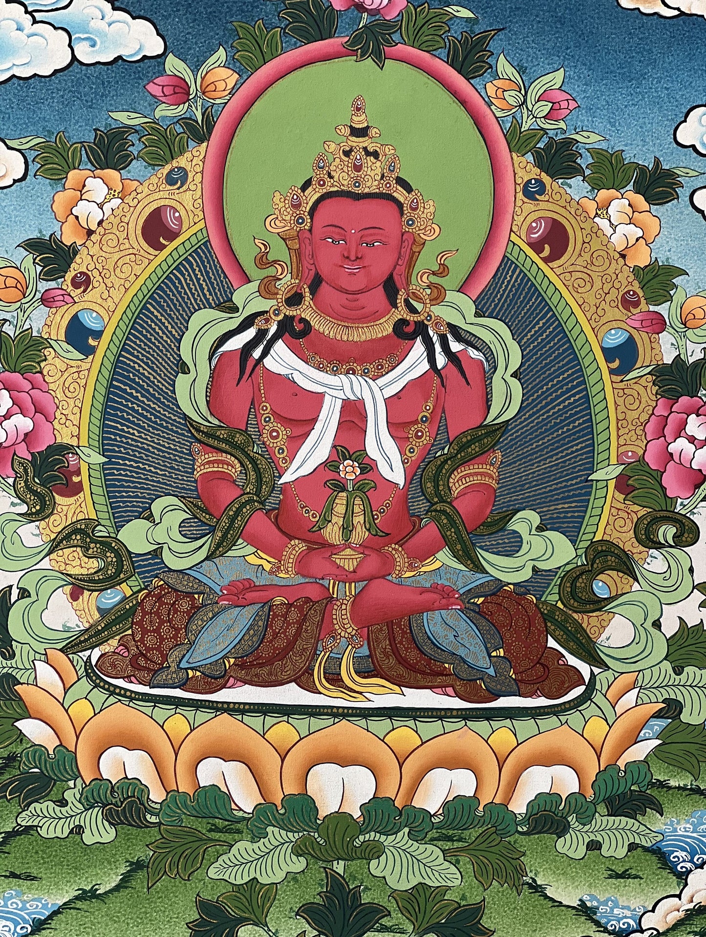 Amitayus Tibetan Thangka • Long Life Buddha • Hand-Painted Masterpiece • Sacred Buddhist Art