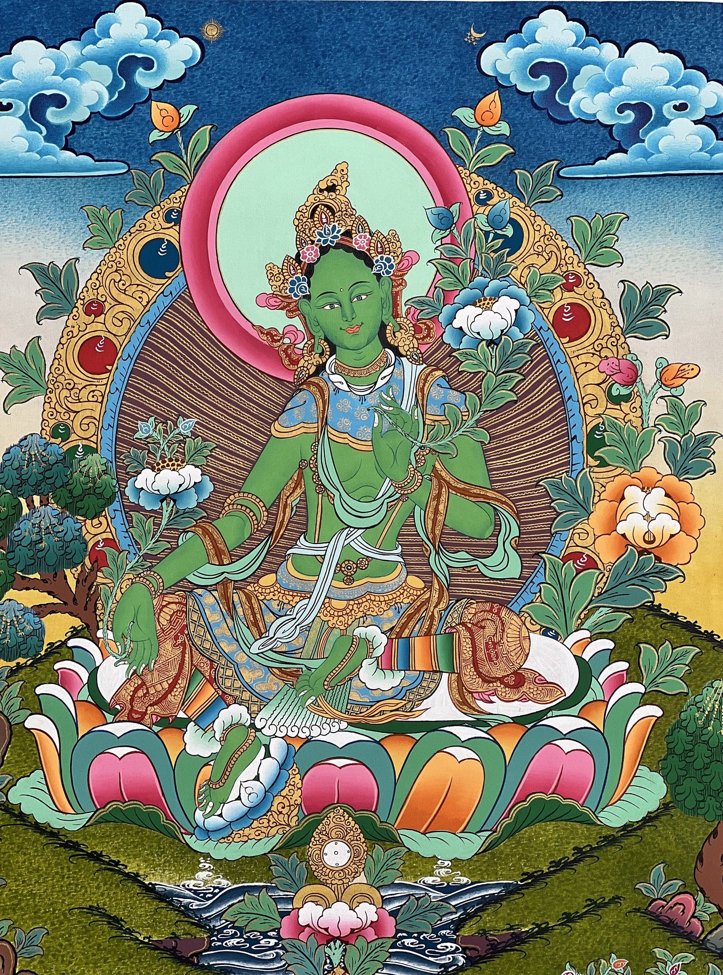 Hand-Painted Green Tara Thangka Painting – Tibetan Buddhist Goddess Art