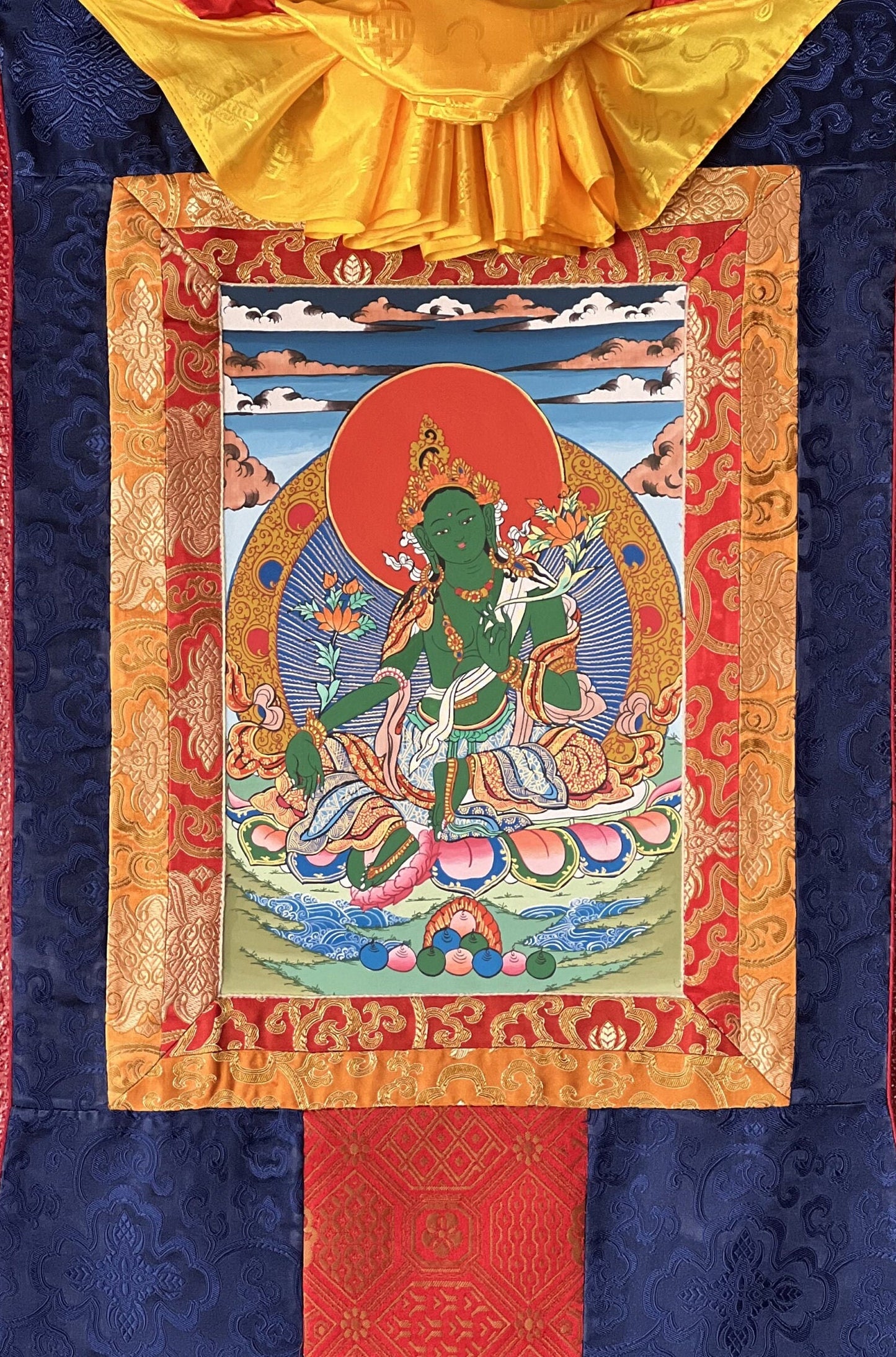 Green Tara Thangka Painting, Hand-Painted Tibetan Art with Silk Brocade
