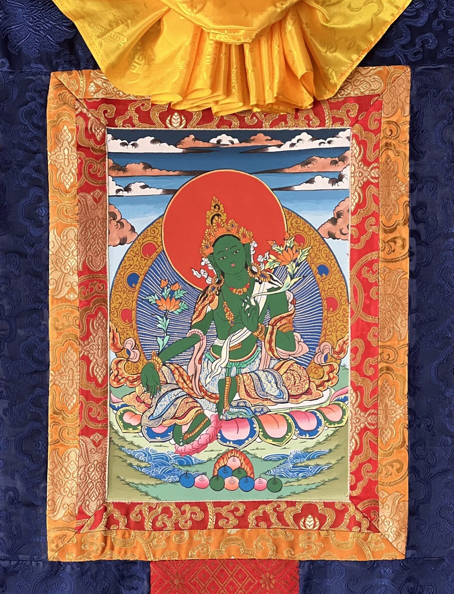 Green Tara Thangka Painting, Hand-Painted Tibetan Art with Silk Brocade