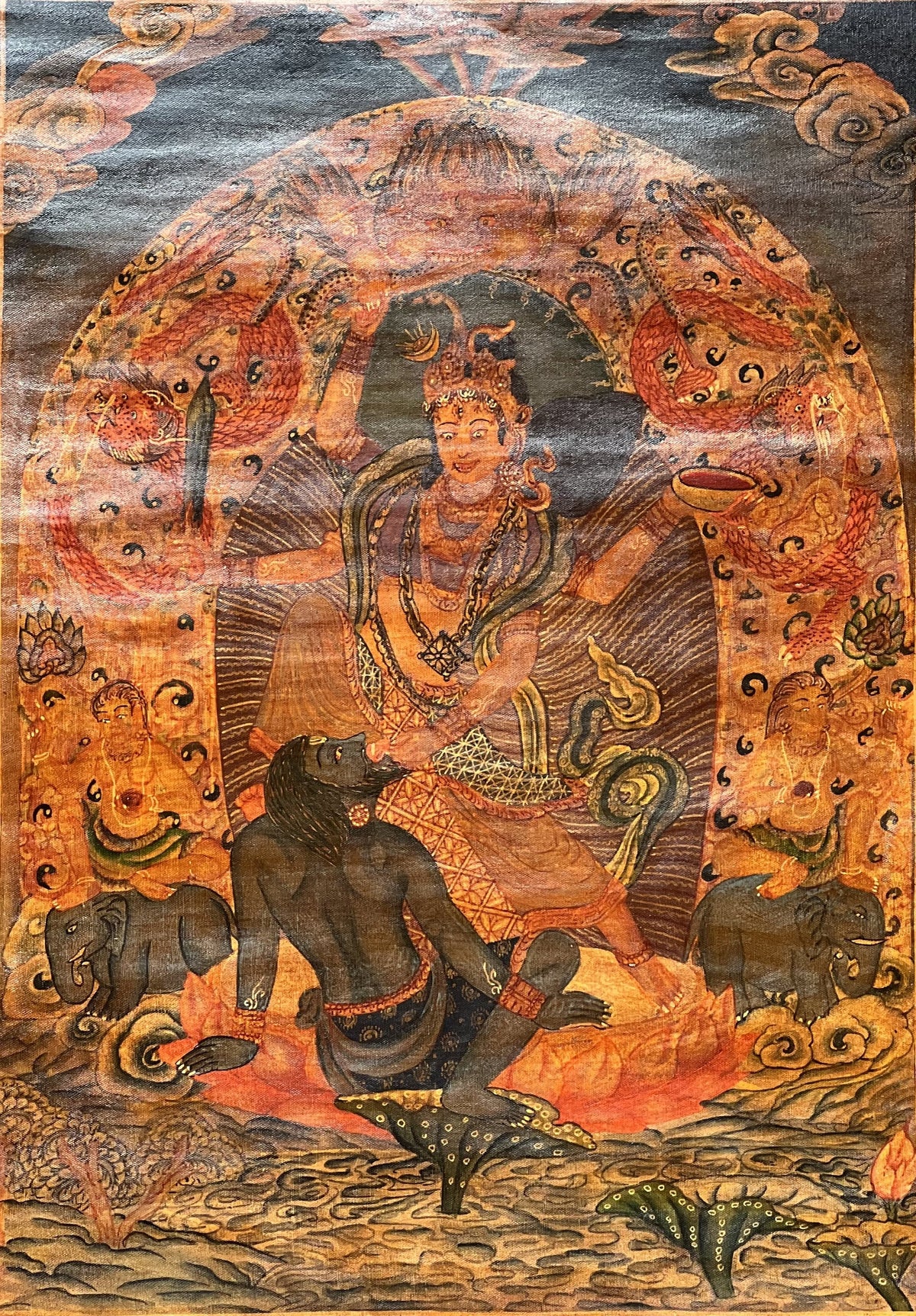 Goddess Durga Thangka Painting, Hindu Art with Cotton Brocade
