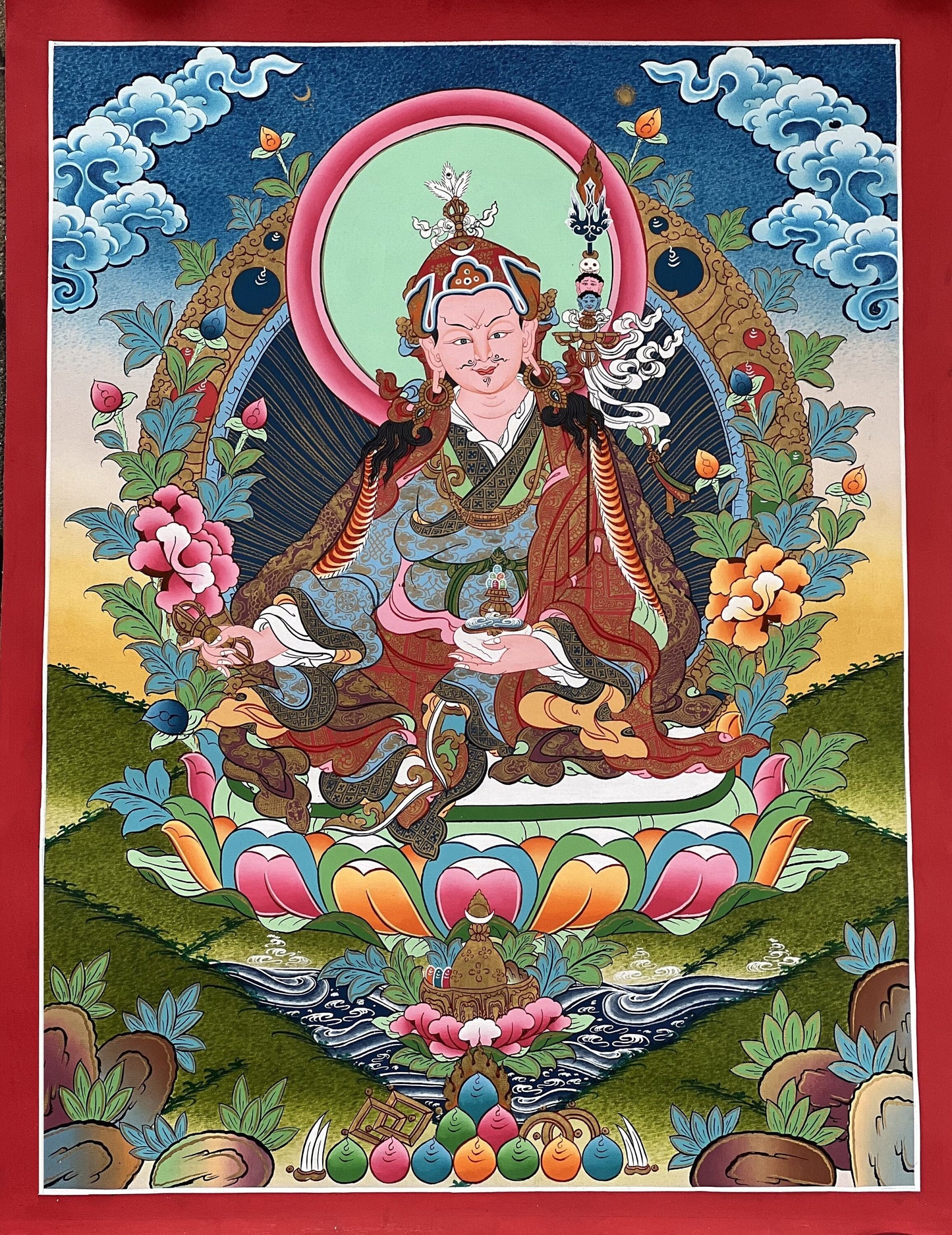 Guru Rinpoche Padmasambhava Thangka Painting, Hand-Painted Tibetan Meditation Art