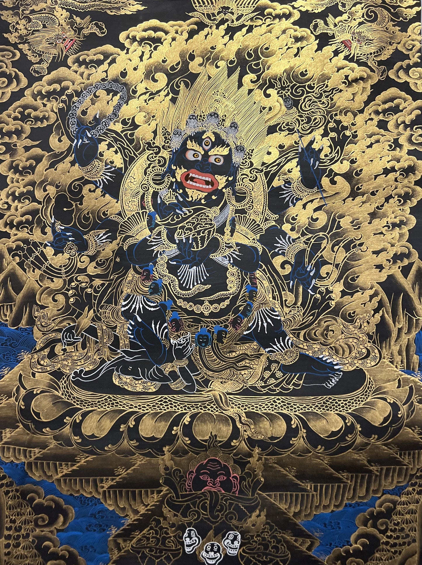 Mahakala Tibetan Thangka Painting, Black and Gold Buddhist Art