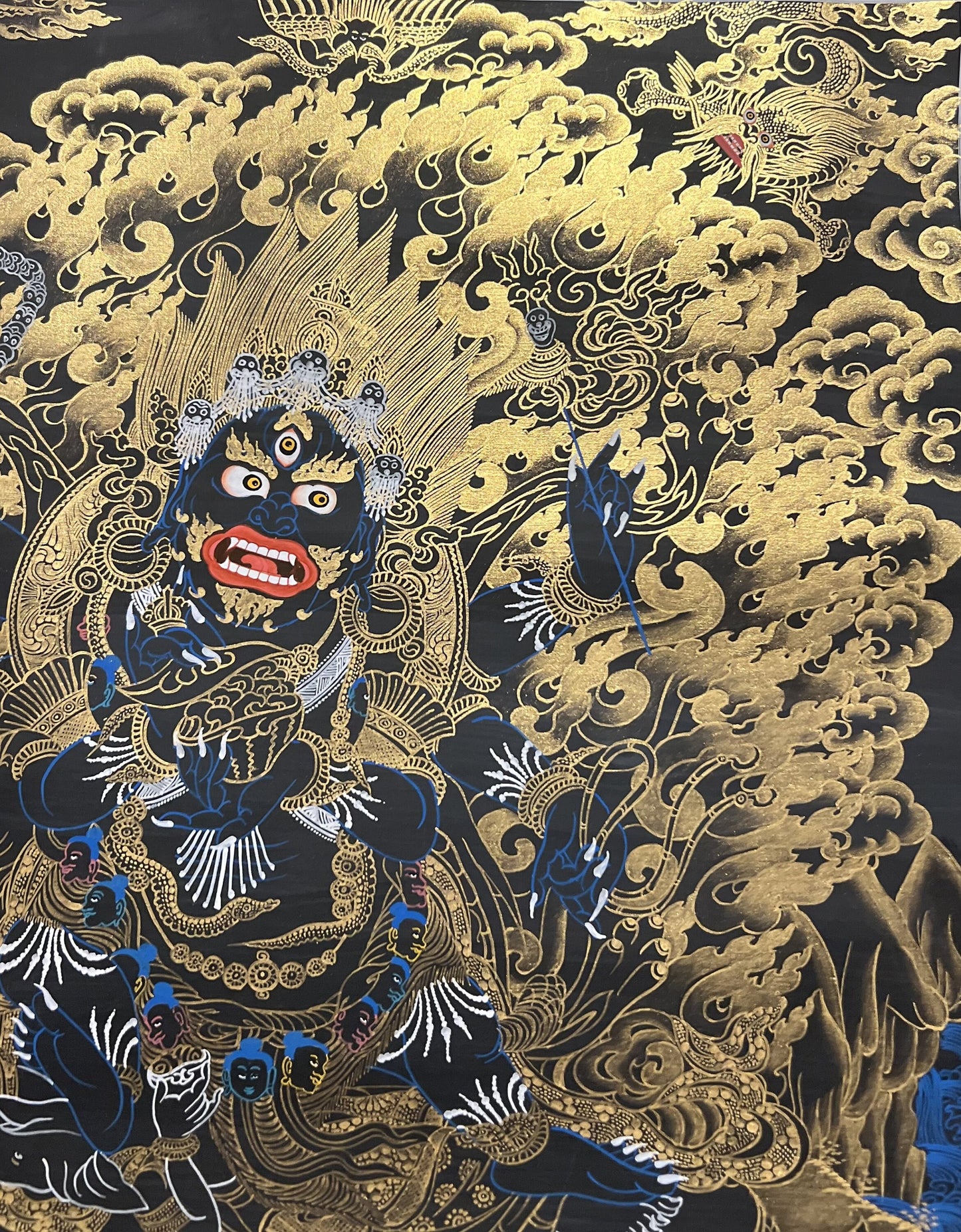 Mahakala Tibetan Thangka Painting, Black and Gold Buddhist Art