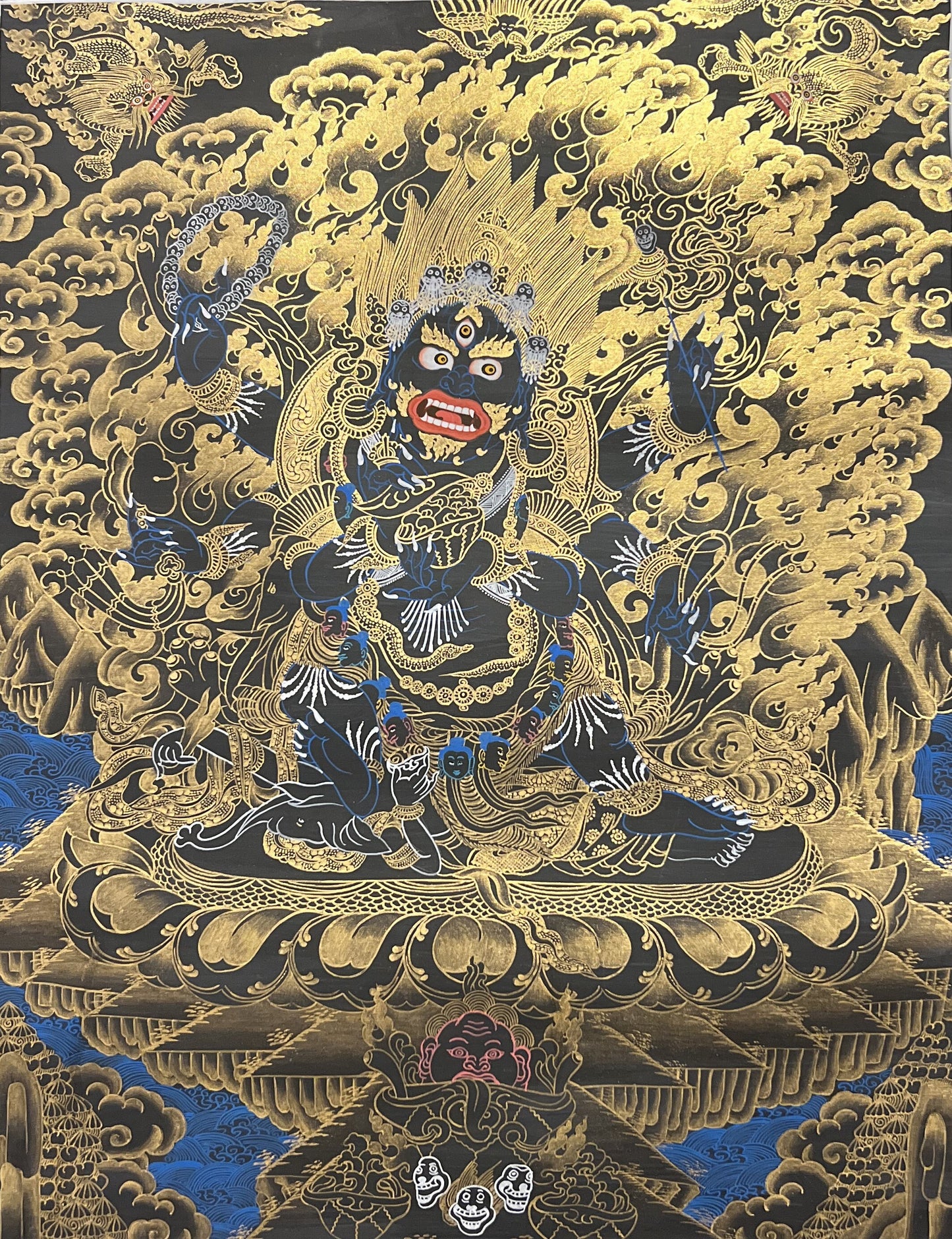 Mahakala Tibetan Thangka Painting, Black and Gold Buddhist Art
