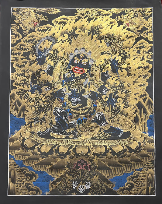 Mahakala Tibetan Thangka Painting, Black and Gold Buddhist Art
