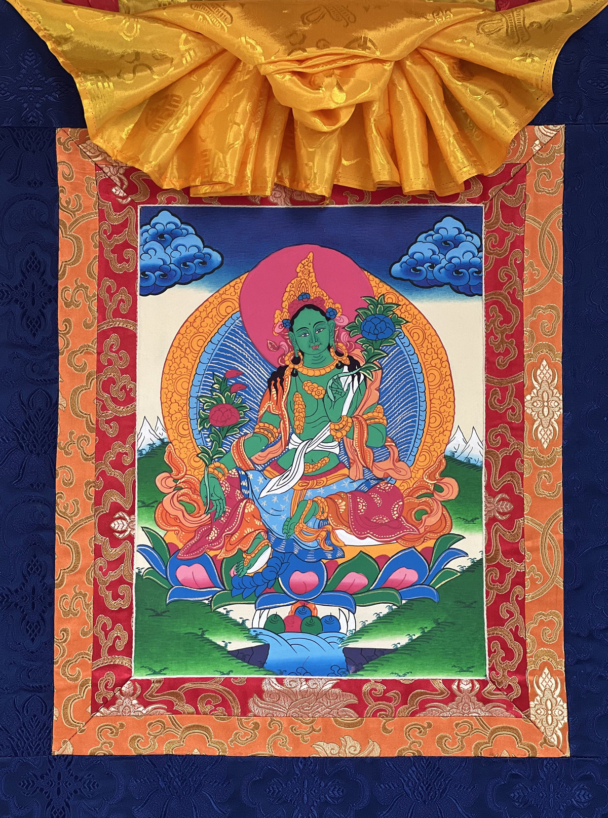 Green Tara Thangka Painting with Silk Brocade Border