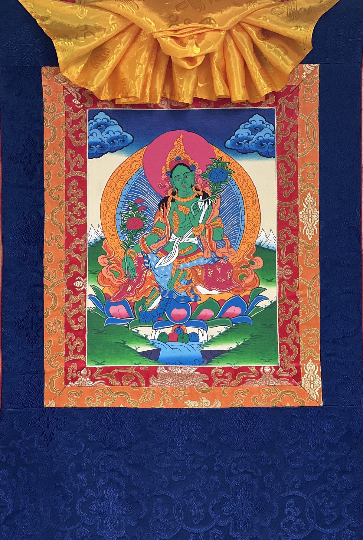 Green Tara Thangka Painting with Silk Brocade Border