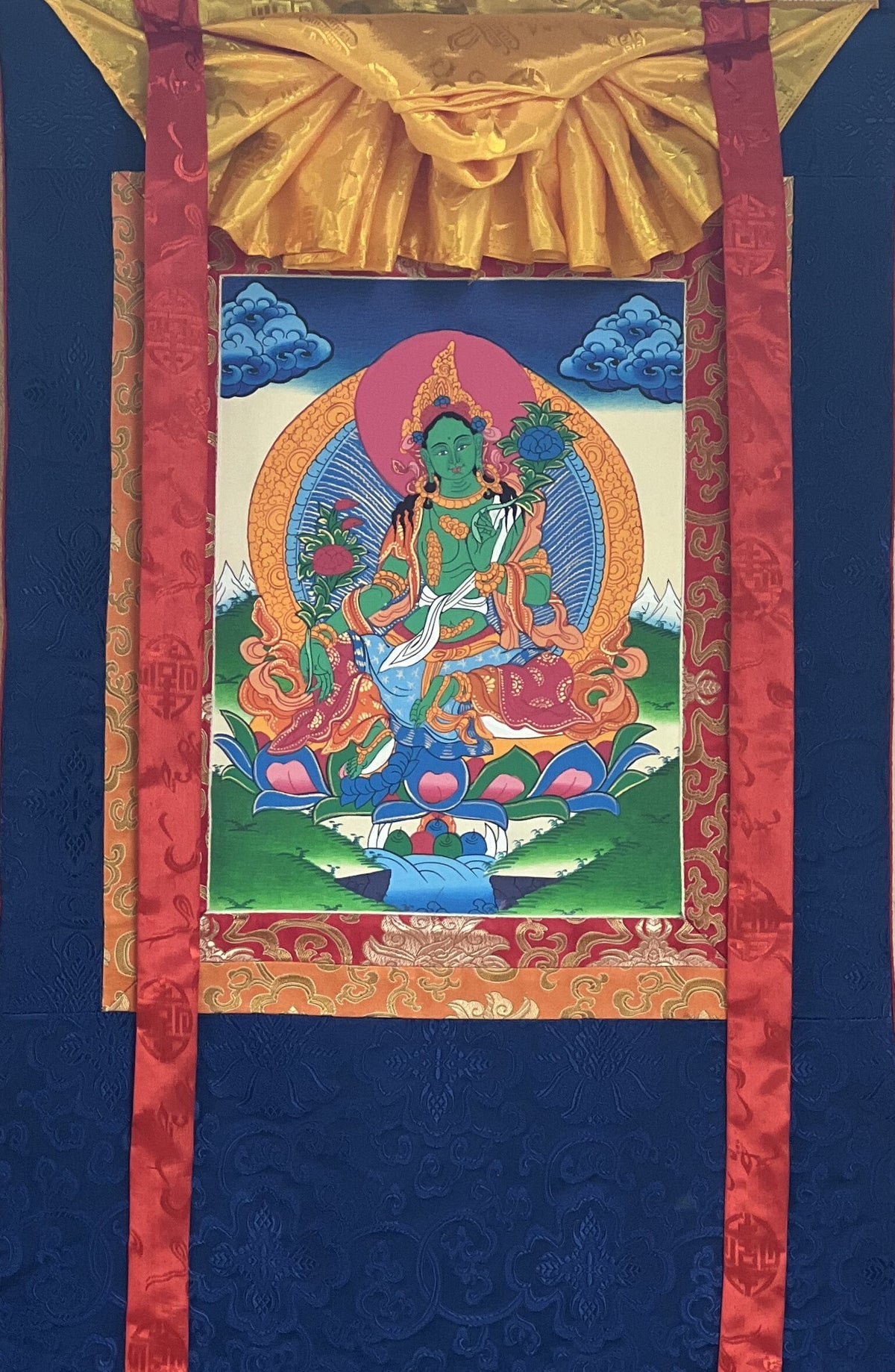 Green Tara Thangka Painting with Silk Brocade Border