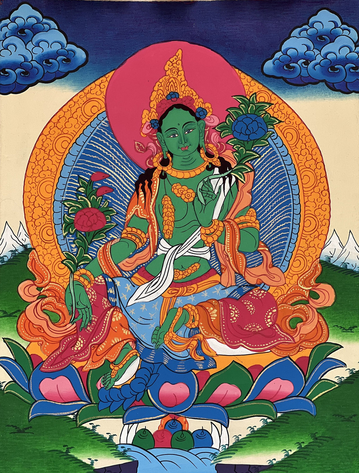 Green Tara Thangka Painting with Silk Brocade Border