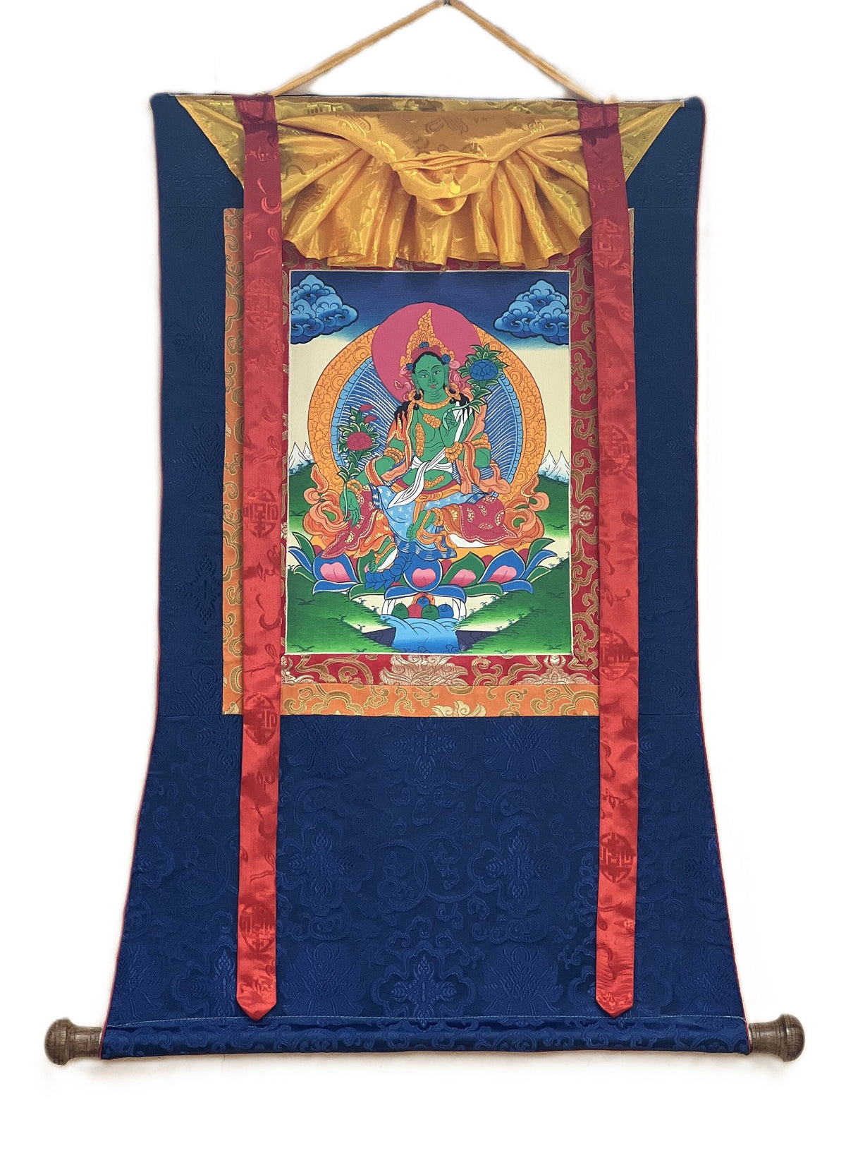Green Tara Thangka Painting with Silk Brocade Border