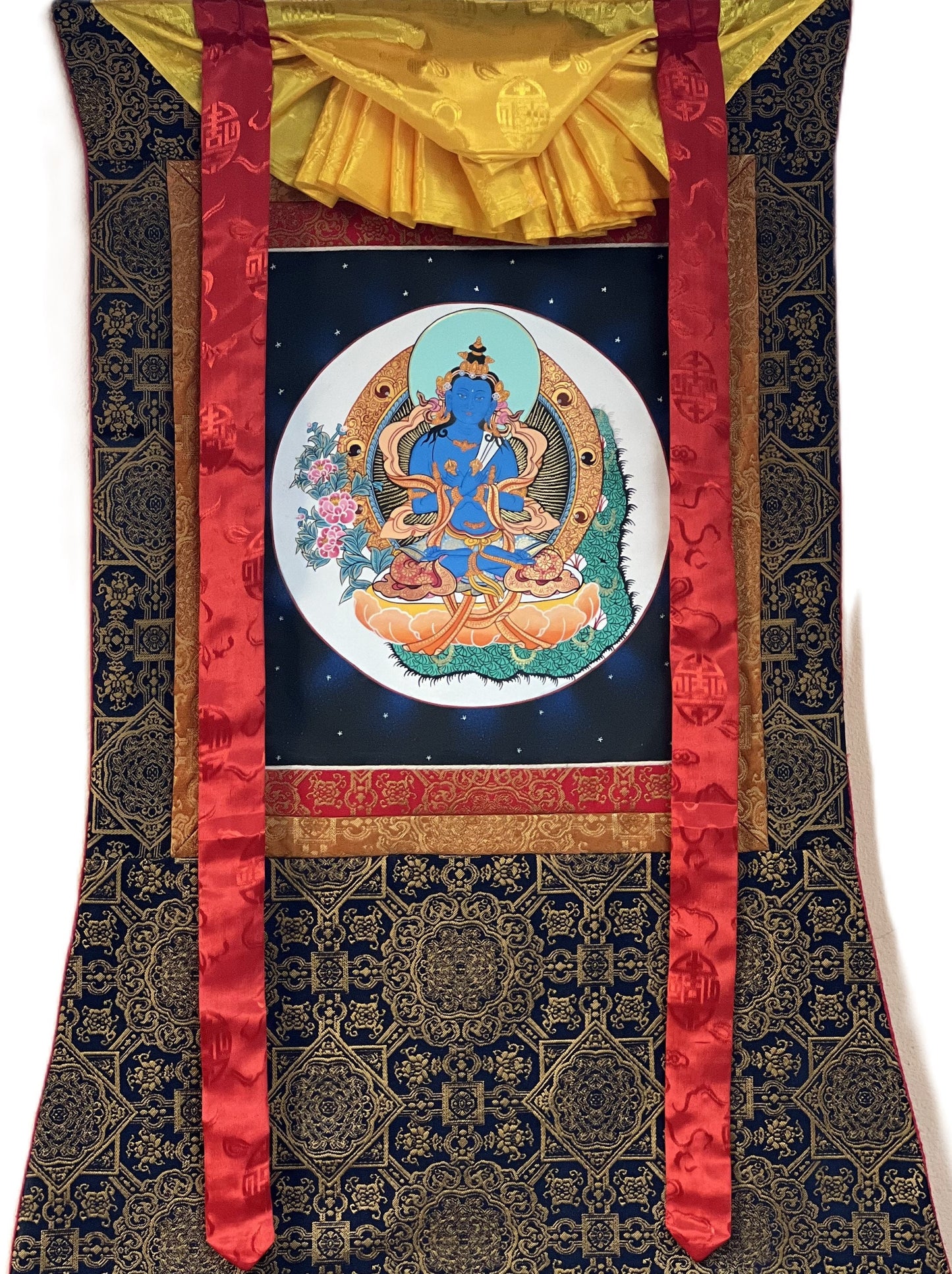 Hand-painted Vajradhara Buddha Thangka with Silk Brocade