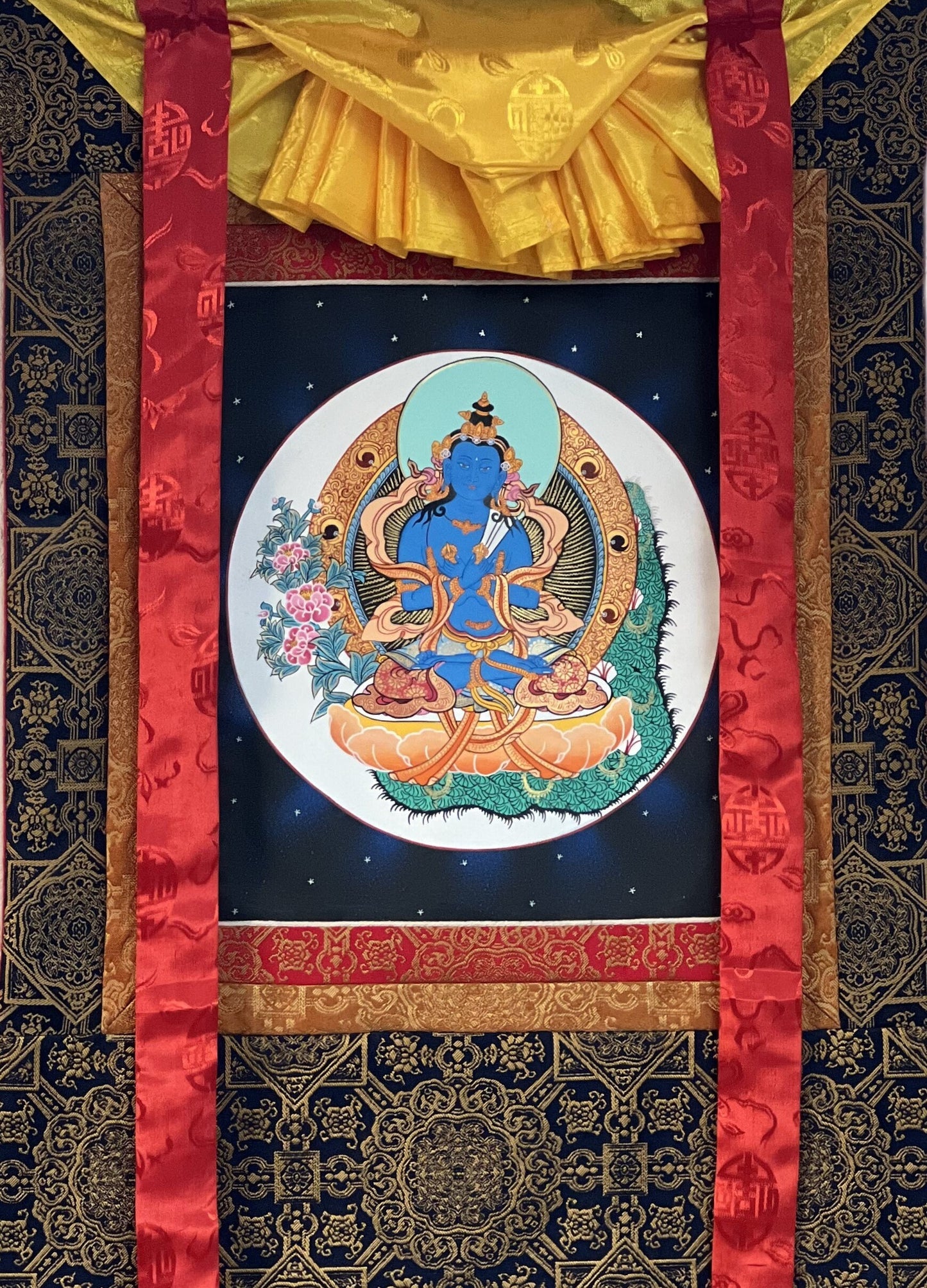 Hand-painted Vajradhara Buddha Thangka with Silk Brocade