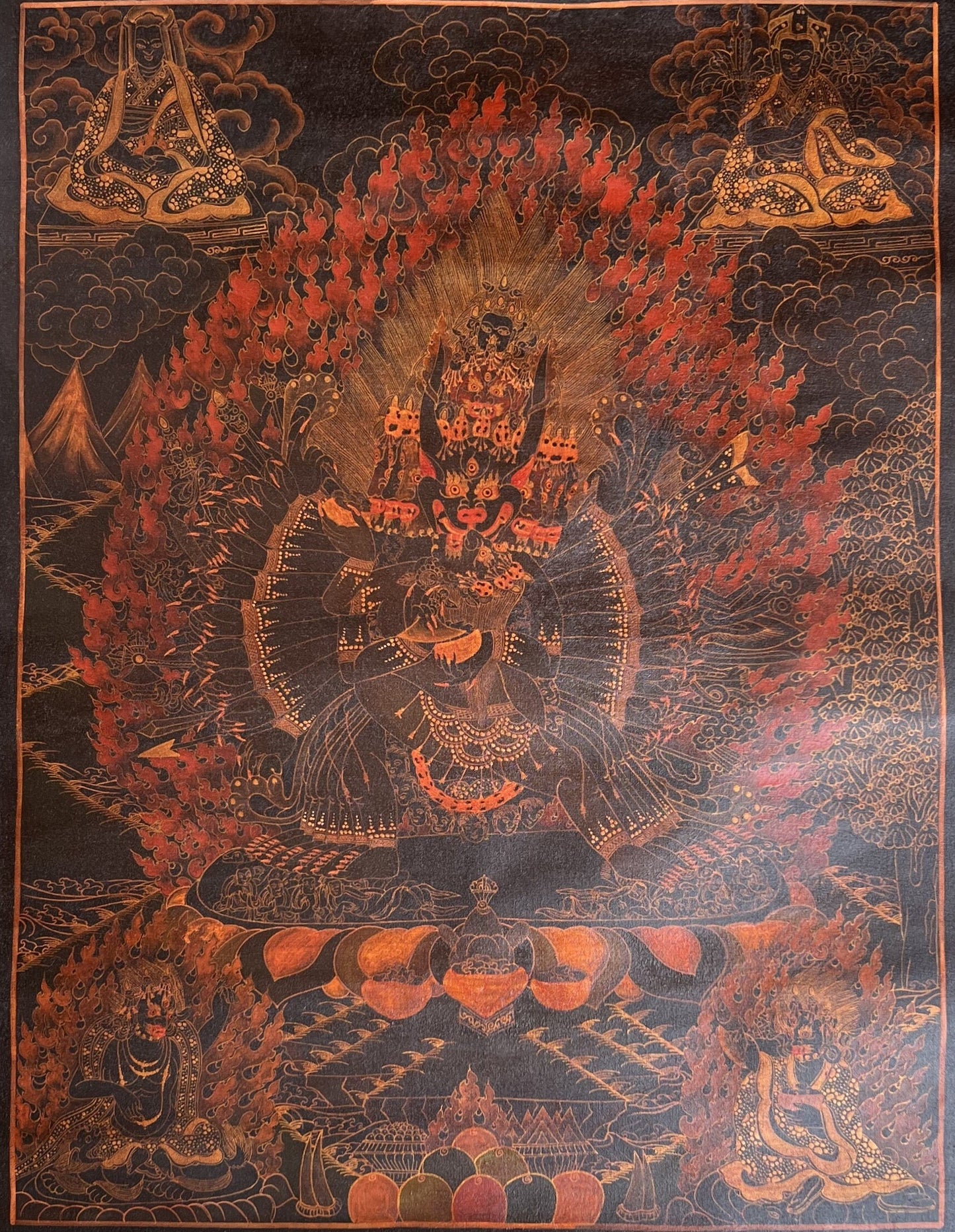 Yamantaka Thangka Painting – Vintage Tibetan Silk Brocade Wall Art