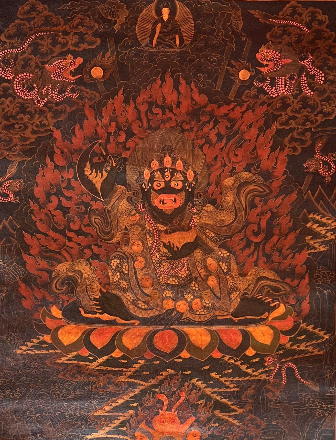 Hand-Painted Black Mahakala Thangka, Tibetan Meditation Art