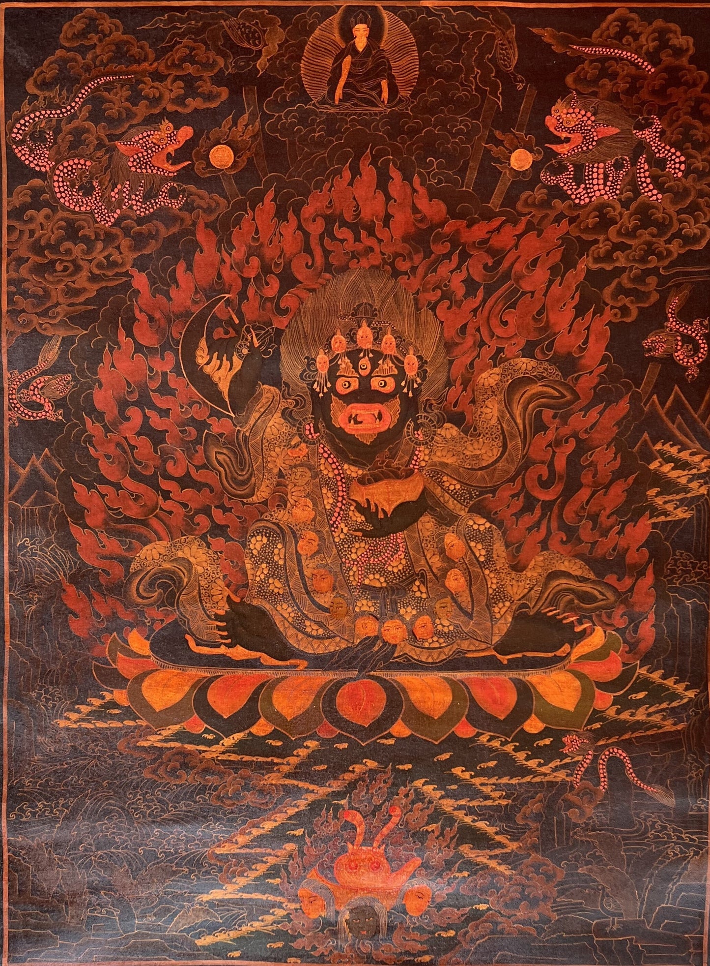Hand-Painted Black Mahakala Thangka, Tibetan Meditation Art