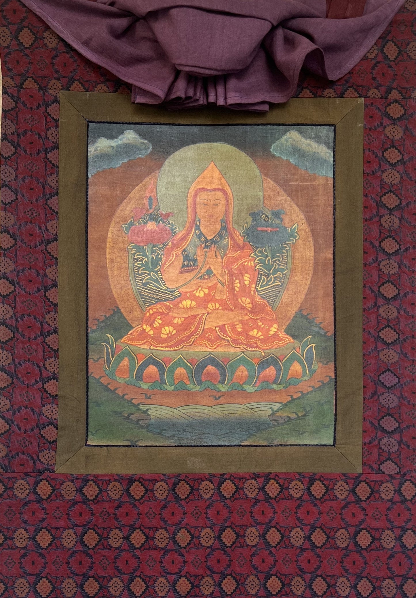 Original Hand-Painted Tsongkhapa/ Chongapa/ Oil-Varnished  Old Tibetan Thangka Painting With  Cotton Brocade