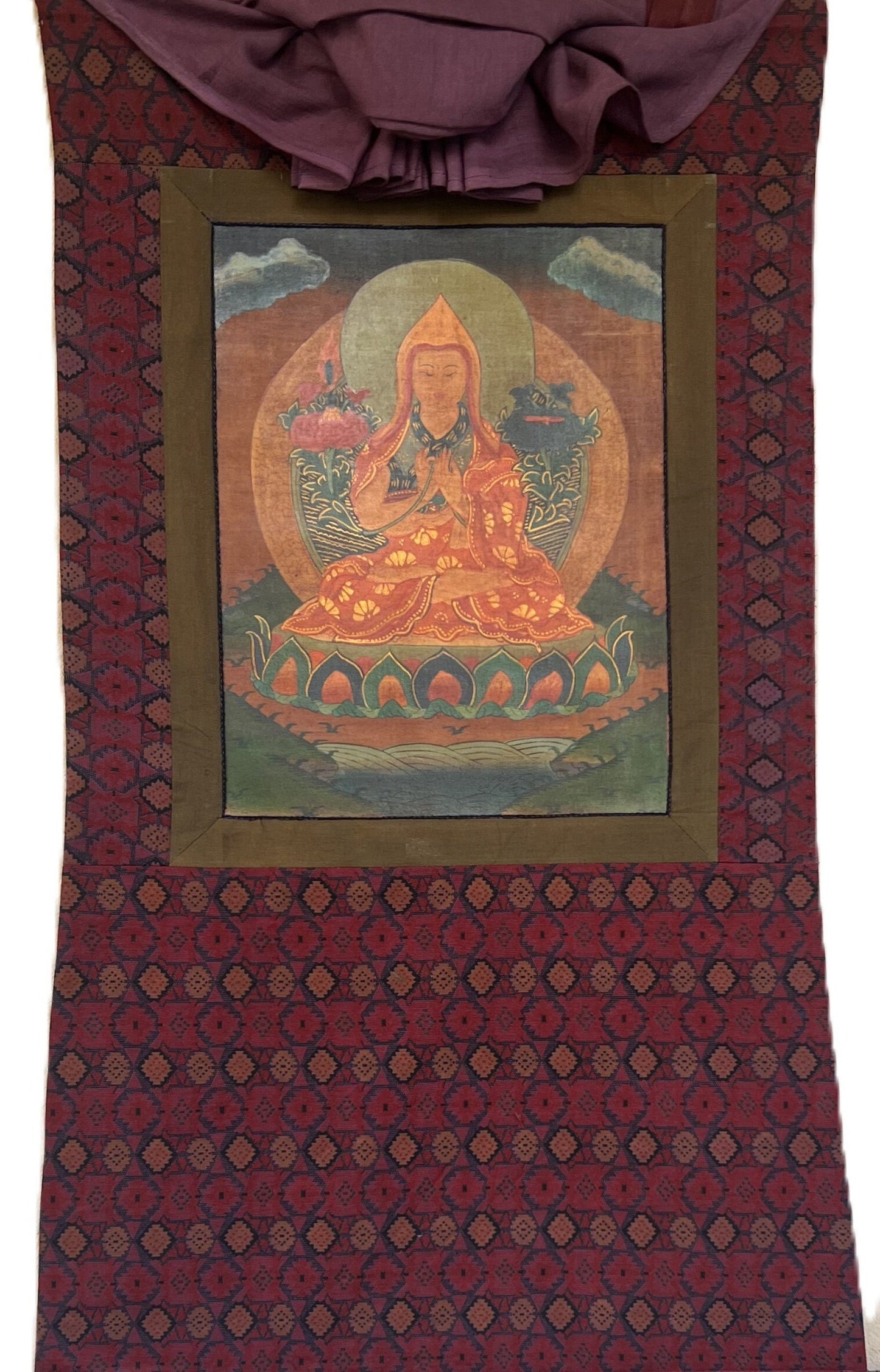 Original Hand-Painted Tsongkhapa/ Chongapa/ Oil-Varnished  Old Tibetan Thangka Painting With  Cotton Brocade
