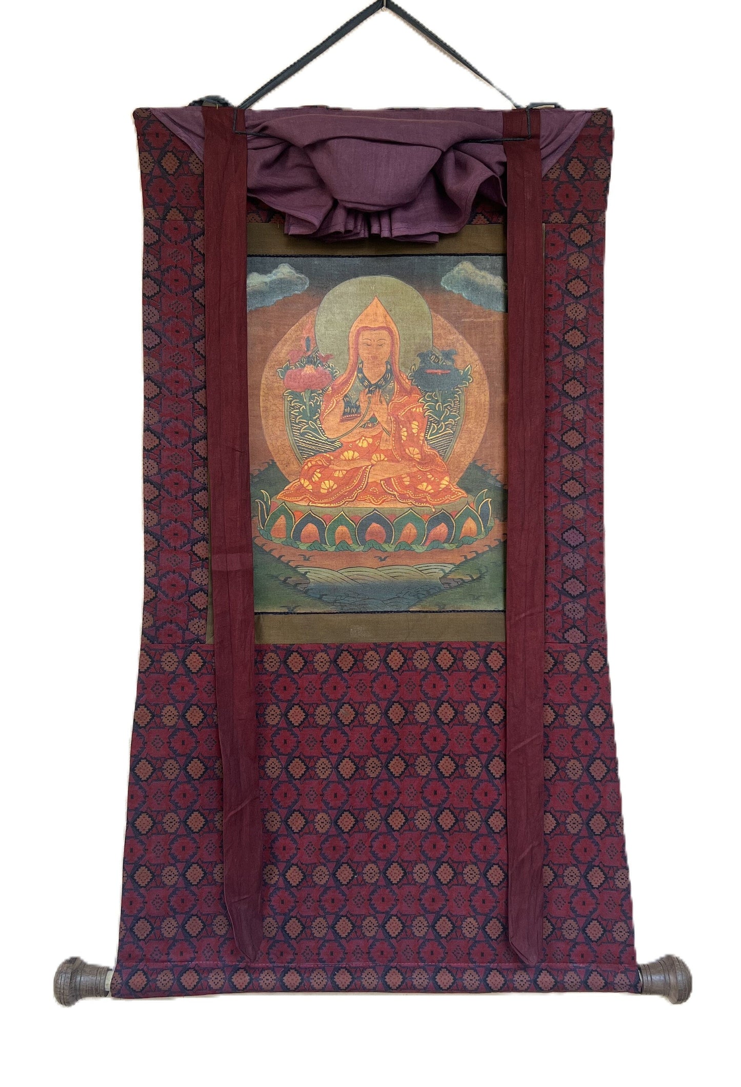 Original Hand-Painted Tsongkhapa/ Chongapa/ Oil-Varnished  Old Tibetan Thangka Painting With  Cotton Brocade