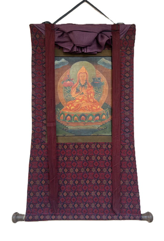 Original Hand-Painted Tsongkhapa/ Chongapa/ Oil-Varnished  Old Tibetan Thangka Painting With  Cotton Brocade