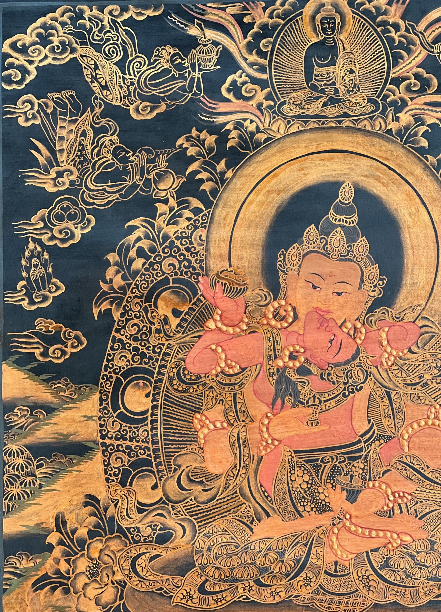 Hand-Painted Vajrasattva Shakti Thangka | Cotton Brocade, Tibetan Art