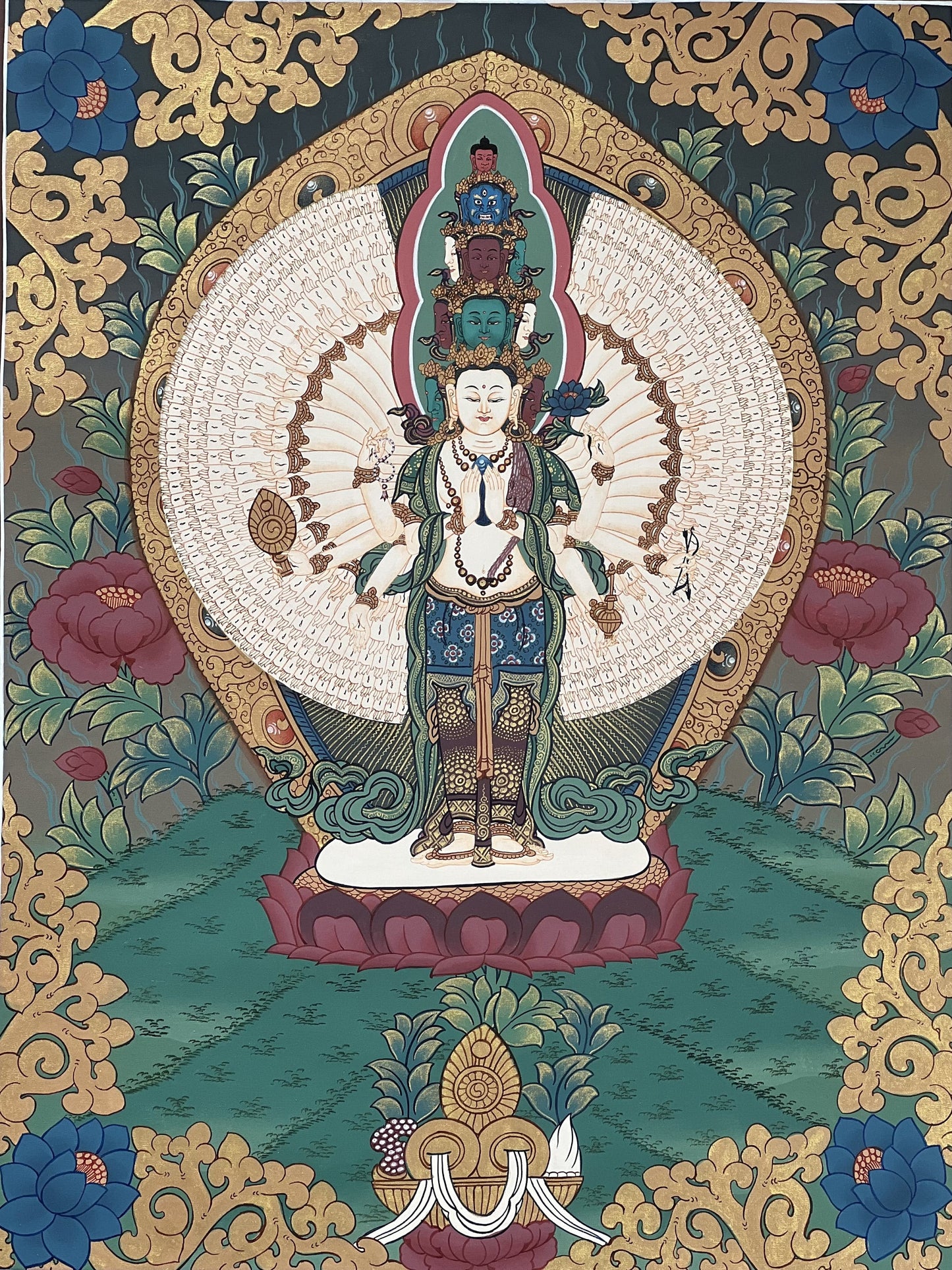 Hand-Painted 1000-Armed Chenrezig Thangka with Silk Brocade - Tibetan Avalokiteshvara Compassion Deity Art