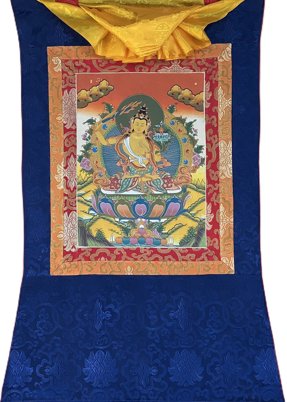 Hand-Painted Manjushri Bodhisattva Thangka Painting with Silk Border