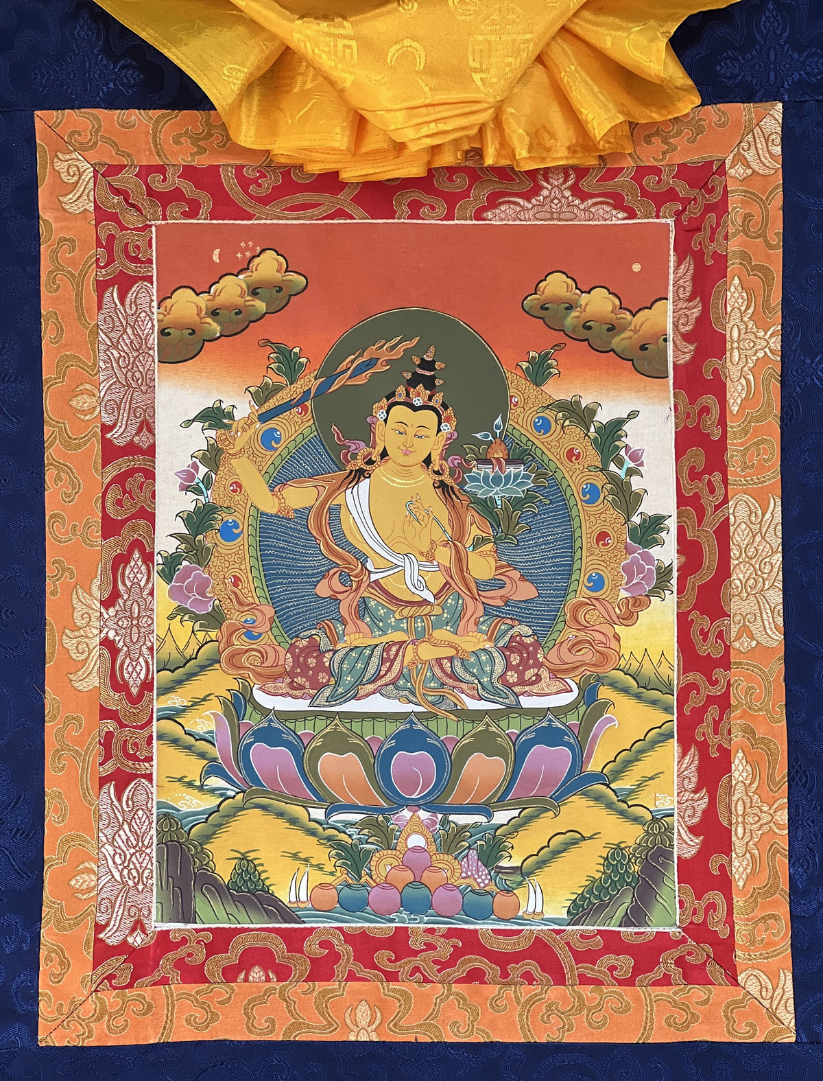 Hand-Painted Manjushri Bodhisattva Thangka Painting with Silk Border