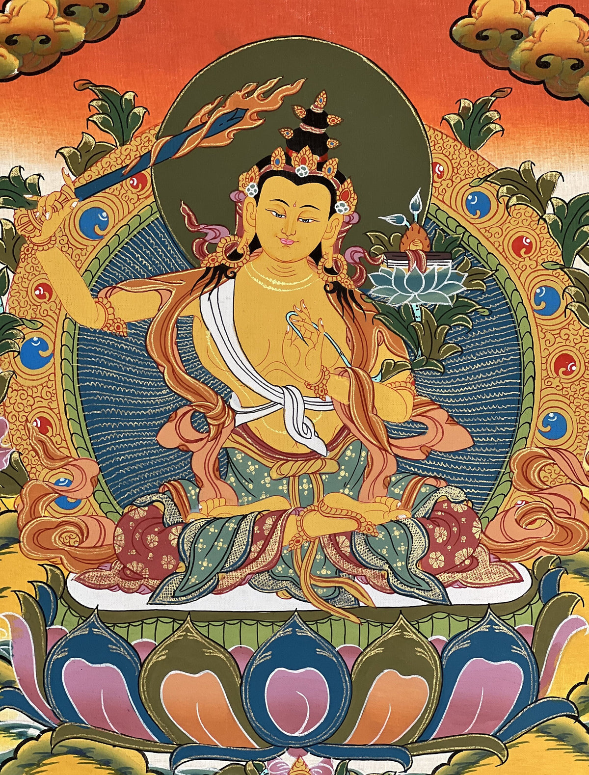 Hand-Painted Manjushri Bodhisattva Thangka Painting with Silk Border